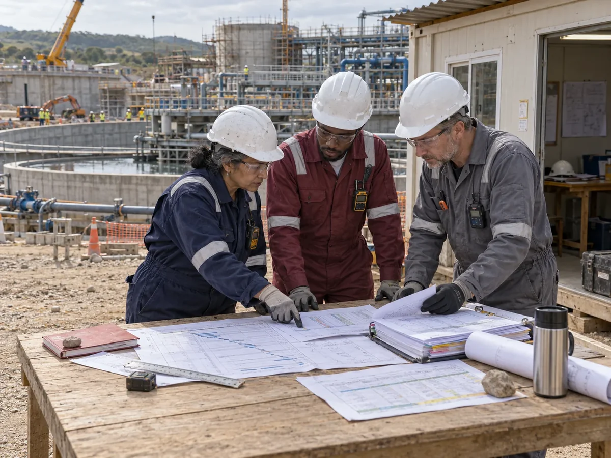 Delivery team reviewing a project gate against engineering drawings
