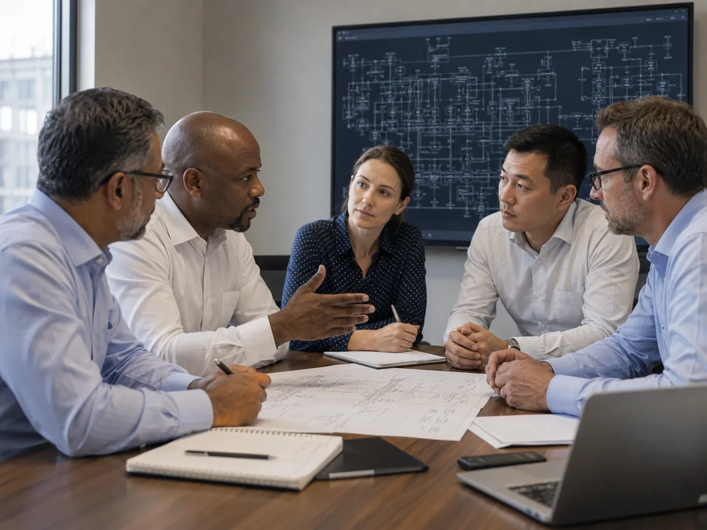 Engineering team reviewing technical drawings and process information