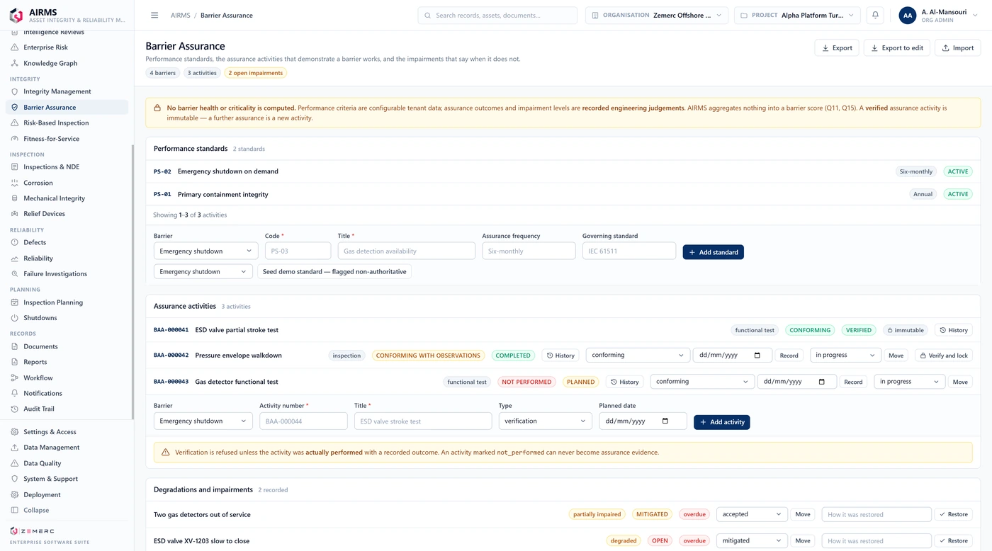 AIRMS barrier assurance: performance standards with their governing standard and assurance frequency, the assurance activities carried out against each barrier with their conformance and verification state, and the degradations and impairments recorded against barriers with their restoration position