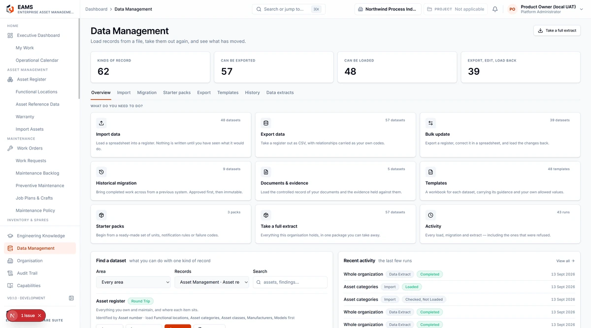 EAMS data management: kinds of record, what can be exported, what can be loaded and what round-trips, with import, export, bulk update, historical migration, documents and evidence, templates, starter packs and a full organisation extract, and the recent runs with their outcome
