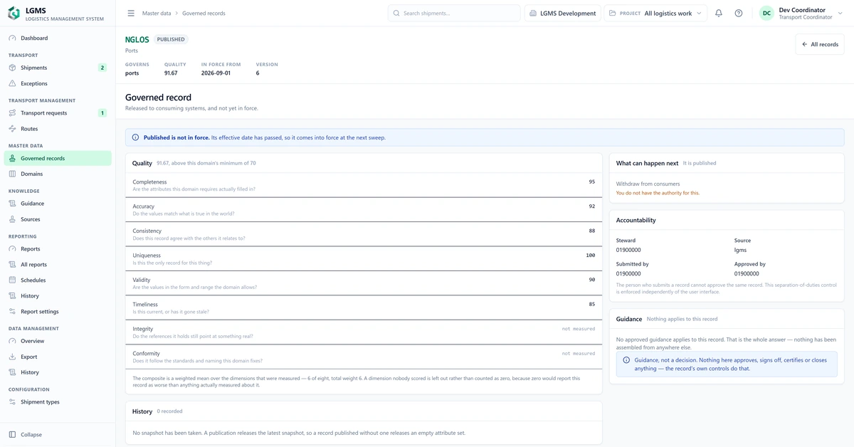 Published LGMS master-data record showing the governed object, quality score against the domain threshold, effective date, version and the component measures used to assess data quality.