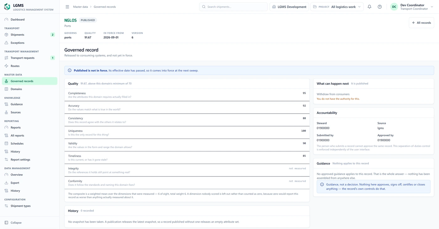 Published LGMS master-data record showing the governed object, quality score against the domain threshold, effective date, version and the component measures used to assess data quality.