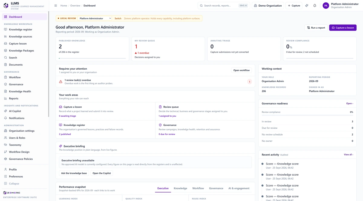 LLMS dashboard showing published knowledge, reviewer workload, overdue reviews, captures awaiting triage, review compliance, scheduled and unscheduled reviews, and lessons without an assigned owner.