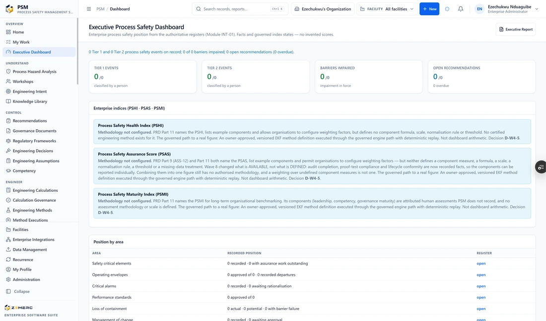 PSM dashboard showing Tier 1 and Tier 2 events, barrier impairments, open recommendations, methodology status, and recorded positions for safety-critical elements, operating envelopes, critical alarms, performance standards, loss of containment and management of change.