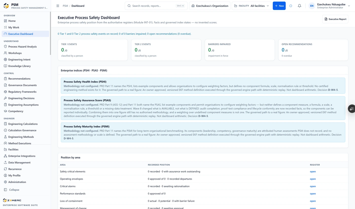 PSM dashboard showing Tier 1 and Tier 2 events, barrier impairments, open recommendations, methodology status, and recorded positions across safety-critical elements, operating envelopes, critical alarms, performance standards, loss of containment and management of change.