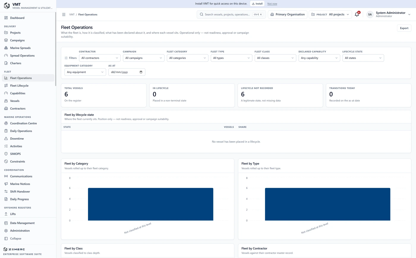 VMT fleet-operations view showing vessel identity, classification, declared capability and lifecycle position, with filters for contractor, campaign, category and other governed fleet attributes.
